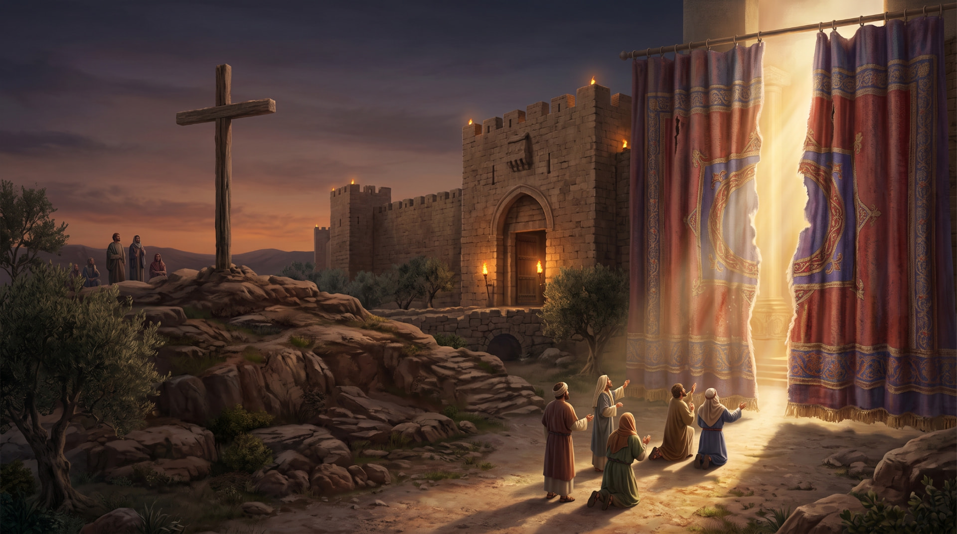 A cross outside Jerusalem’s gate and a torn sanctuary veil, with worshippers approaching the light beyond.
