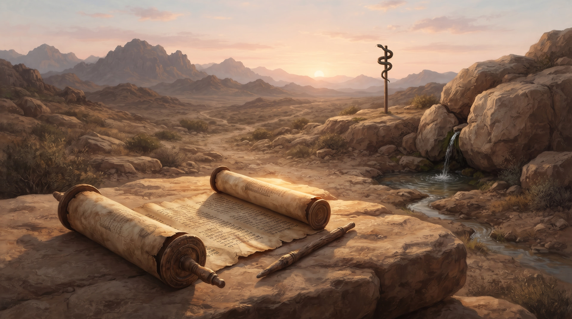 An open scroll rests in a rocky wilderness beside flowing water, with a bronze serpent raised on a pole at sunrise.