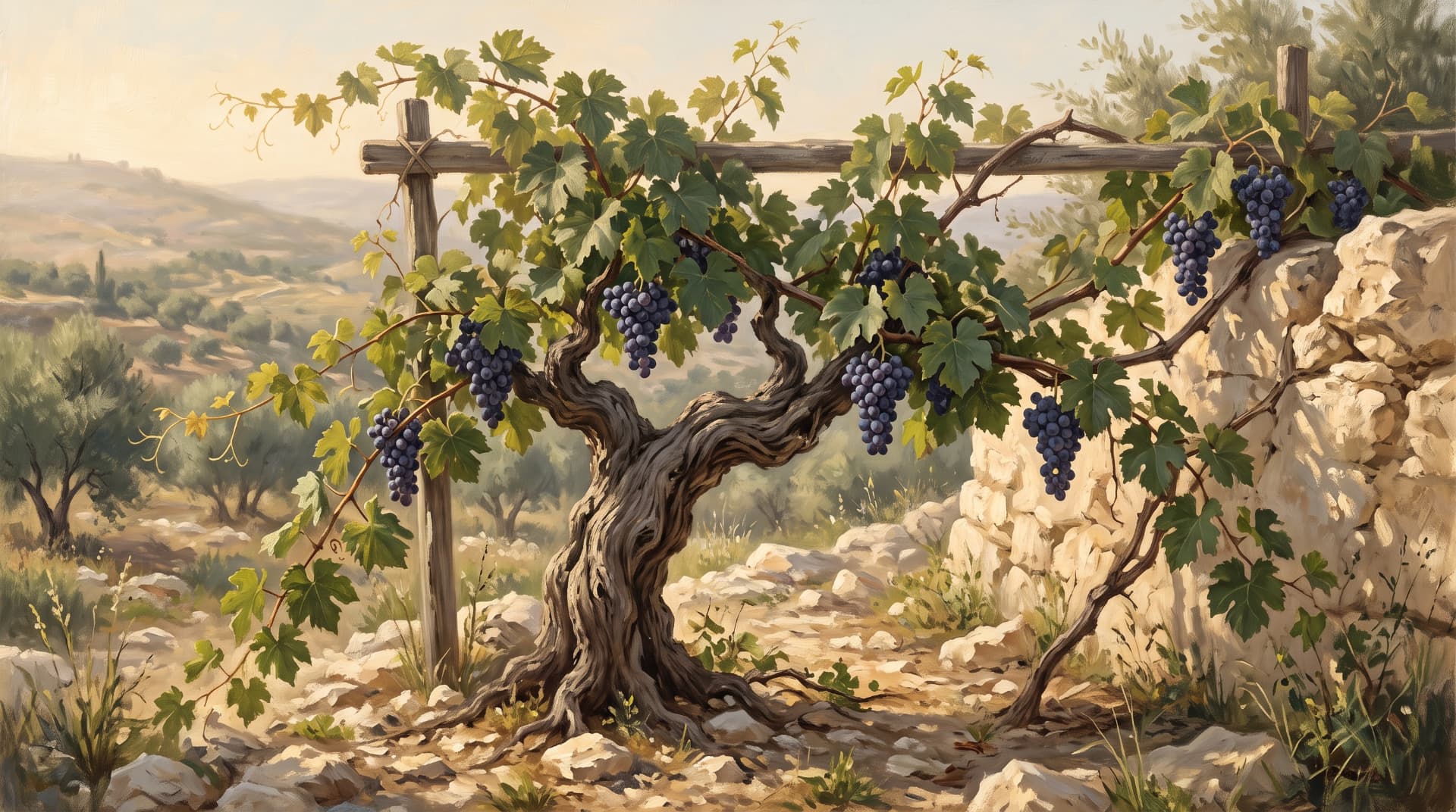A mature grapevine bearing clusters of dark grapes in a sunlit stone vineyard.